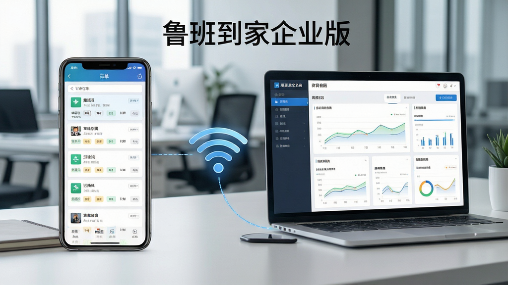 一张展示鲁班到家企业版移动端与电脑端协同使用的场景图,画面左侧为手机显示订单列表,右侧为笔记本电脑显示商家后台数据看板,中间用无线连接图标相连,背景为现代办公桌面,风格商务科技,细节清晰,画质干净,无多余元素,图片中标注文字“鲁班到家企业版”