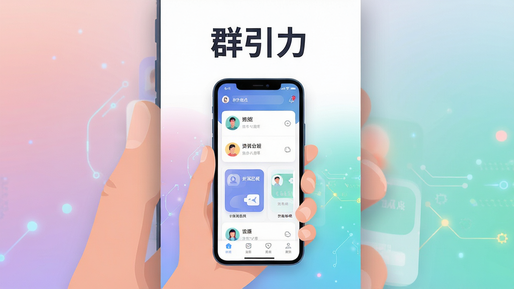 群引力 手机应用界面展示 社群资源对接平台 主体为一部智能手机正面手持 屏幕显示群组列表和资源匹配卡片 布局为竖版海报构图 上方留白放置软件名称 排版居中 风格为现代科技感扁平插画 细节包括清晰图标 柔和阴影 渐变背景 画质高清 干净 无多余元素
