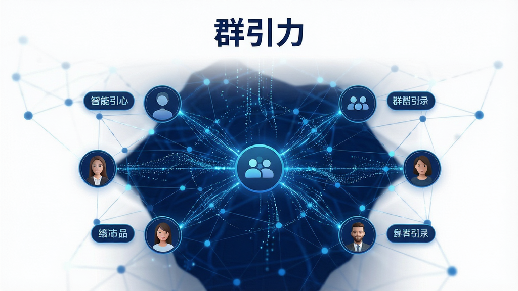 群引力 智能匹配功能展示 画面中央为发光的连接线条将不同用户头像与群组图标相连 主体为抽象网络拓扑结构 布局为左右对称 排版上方标注软件名称 风格为深蓝色调科技感 细节包括数据流粒子 圆形头像 群组标签 画质高清 干净 无多余元素