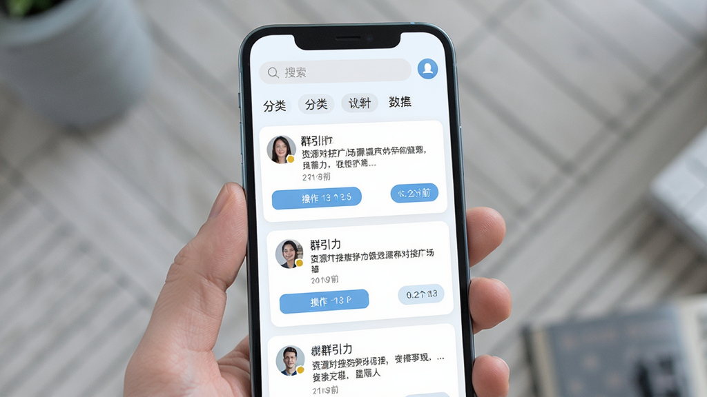 群引力 资源对接广场界面 主体为手机屏幕内显示信息流列表 布局为纵向滚动样式 排版顶部有搜索栏和分类标签 风格为清爽浅色系卡片设计 细节包括头像 文字摘要 操作按钮 时间戳 画质高清 干净 无多余元素