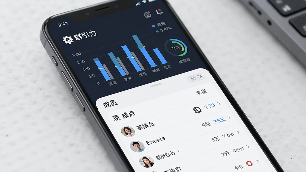 群引力 群组管理面板 主体为手机界面展示数据仪表盘 布局为上下分栏 排版上方为统计图表下方为成员列表 风格为简约商务风 细节包括柱状图 圆形进度条 齿轮图标 文字标签 画质高清 干净 无多余元素