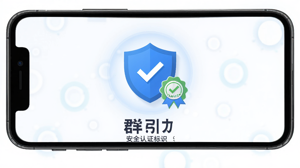 群引力 安全认证标识展示 主体为手机屏幕中央显示盾牌图标与认证徽章 布局为居中对称 排版下方有小字说明 风格为扁平化安全主题 细节包括蓝色盾牌 勾选标记 柔和光晕 画质高清 干净 无多余元素