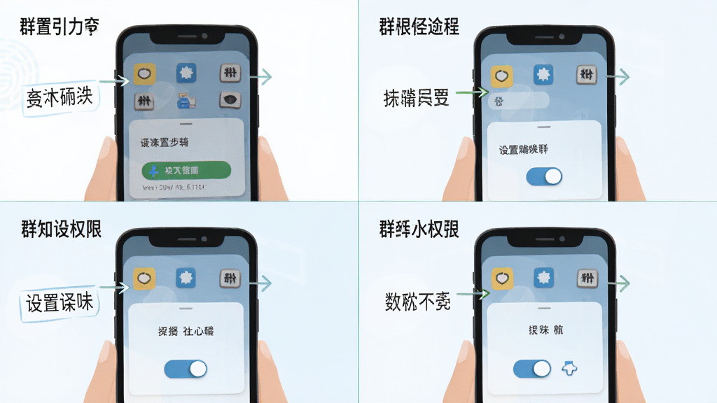 群引力 使用教程示意图 主体为手机屏幕展示设置权限步骤 布局为四格分镜 排版每格配有简短文字标注 风格为扁平化教程插画 细节包括设置图标 开关按钮 箭头指引 画质高清 干净 无多余元素