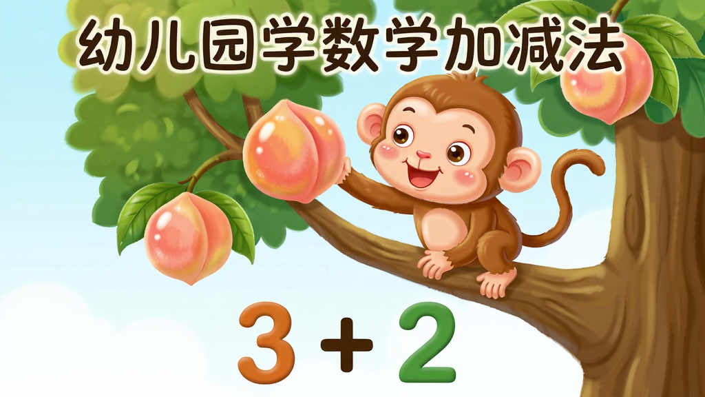 一幅卡通风格的教学场景插画,画面主体是一只可爱的小猴子在树上摘桃子,树下有数字“3”和“2”以及加号,布局为中心构图,风格为儿童绘本插画风,细节上桃子和树叶带有光泽感,画质柔和清晰,干净无多余元素,画面中包含文字“幼儿园学数学加减法”。