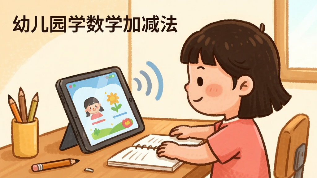 一个卡通小女孩坐在书桌前对着平板电脑学习的场景,画面中有声波符号从屏幕传出,布局采用侧面视角,风格为温馨家庭插画风,细节上小女孩面带微笑,书桌上有铅笔和本子,画质温暖明亮,干净无多余元素,画面中包含文字“幼儿园学数学加减法”。