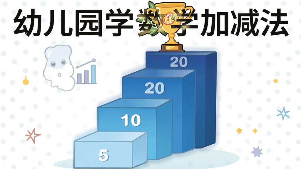 一个卡通风格的阶梯式进度图,每一级台阶上标有数字“5”“10”“20”,台阶顶端有一个奖杯,布局为垂直向上延伸,风格为扁平化信息图,细节上台阶颜色由浅蓝渐变到深蓝,画质简洁清晰,干净无多余元素,画面中包含文字“幼儿园学数学加减法”。