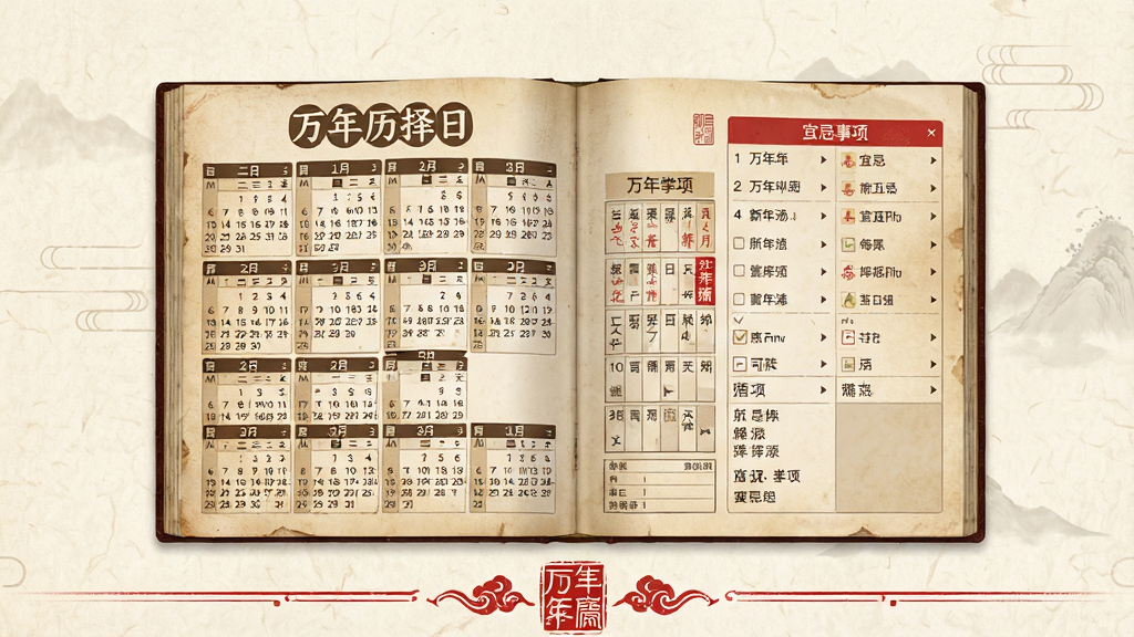 万年历择日软件主界面预览图,画面中央展示一本翻开的传统老黄历,左侧是月份日历网格,右侧是宜忌事项列表,背景为淡雅的米黄色宣纸纹理,底部有红色印章风格装饰,整体风格古朴简洁,画质清晰,干净无多余元素,图中文字为“万年历择日”