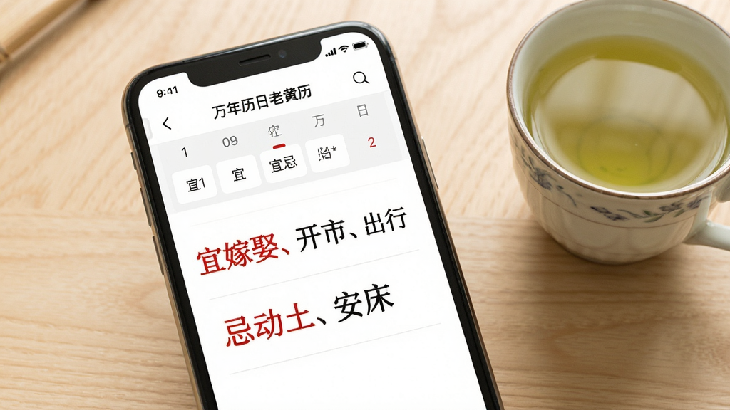 万年历择日老黄历宜忌查询界面截图,画面展示手机屏幕中显示日期与宜忌列表,宜忌文字用红色和黑色区分,背景为浅色木纹桌面,旁边放置一杯清茶,风格温馨生活化,画质细腻,干净整洁,图中文字为“宜嫁娶、开市、出行”和“忌动土、安床”