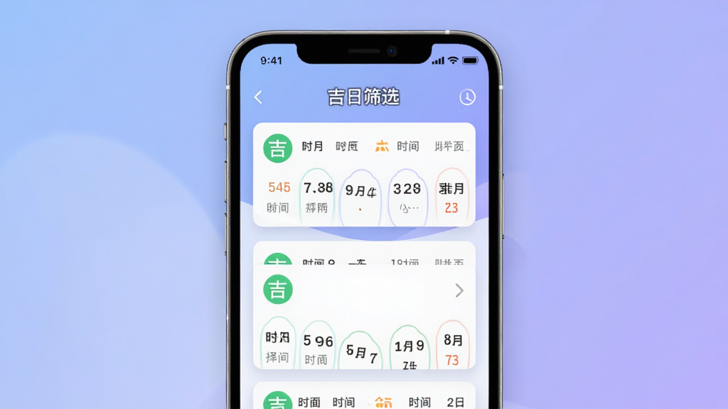 万年历择日吉日吉时筛选功能展示图,手机界面中显示多个日期卡片,每个卡片上有绿色“吉”字标记和时辰段,背景为柔和渐变蓝紫色,风格现代简约,画质清晰,干净无杂乱元素,图中文字为“吉日筛选”