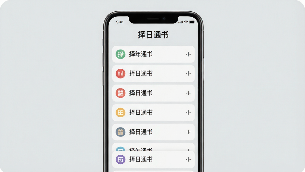 万年历择日择日通书大全内容页,画面展示手机屏幕中排列整齐的条目列表,每个条目带小图标,背景为浅灰色,风格清爽素雅,画质锐利,干净无多余装饰,图中文字为“择日通书”