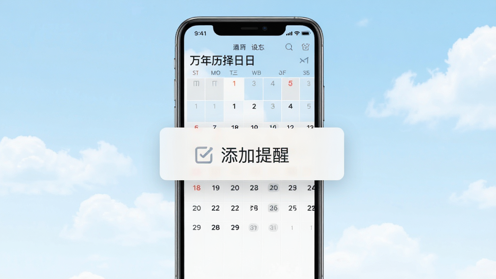 万年历择日日历备忘提醒设置界面,手机屏幕显示日历视图与添加提醒弹窗,背景为淡蓝色天空与白云,风格轻松明快,画质清晰,干净整洁,图中文字为“添加提醒”