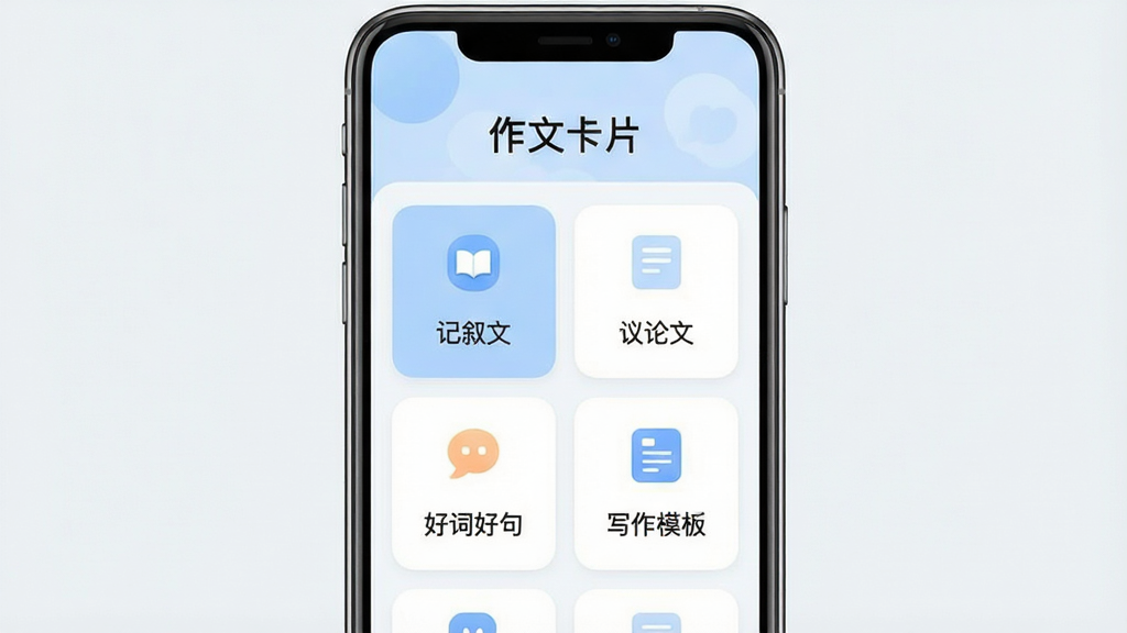 作文卡片软件主界面预览图,主体为一部智能手机,屏幕中展示作文卡片应用的首页,页面顶部有“作文卡片”四个字,下方排列着分类卡片,包含“记叙文”“议论文”“好词好句”“写作模板”等标签,布局为竖向手机屏幕展示,排版整齐,风格为清新简约的教育类应用界面,细节包含柔和的蓝白配色、圆角卡片、简洁图标,画质清晰,干净,无多余元素