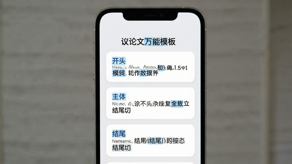 作文卡片写作模板页面展示,主体为手机屏幕,屏幕中显示作文卡片应用的写作模板详情页,布局为上方标题“议论文万能模板”,下方分点列出开头、主体、结尾的写作框架,排版为纵向列表,风格为简洁的文档式界面,细节包含浅灰色背景、黑色文字、蓝色高亮关键词、圆角卡片容器,画质清晰,干净,无多余元素