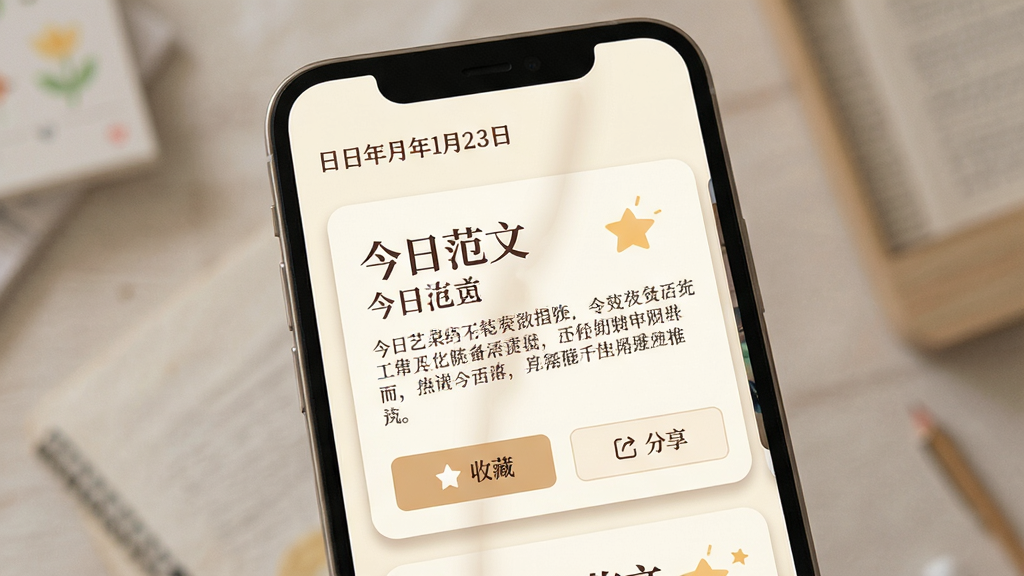 作文卡片每日推荐界面展示,主体为手机屏幕,屏幕中显示作文卡片应用的每日推荐页面,布局为顶部日期栏,下方一张大卡片展示今日范文标题和摘要,底部有“收藏”“分享”按钮,排版为纵向卡片流,风格为温暖阅读类应用界面,细节包含米白色背景、衬线字体标题、柔和的阴影效果,画质清晰,干净,无多余元素