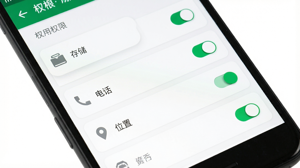 作文卡片手机端安装权限设置示意图,主体为手机屏幕,屏幕中显示安卓系统的应用权限管理页面,布局为权限列表,包含“存储”“电话”“位置”等开关按钮,排版清晰,风格为原生安卓设置界面,细节包含白色背景、绿色开关、灰色图标、圆角卡片,画质清晰,干净,无多余元素