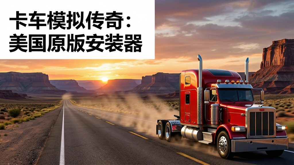 画面主体为一辆红色重型卡车行驶在宽阔的美国西部公路上,背景是壮丽的峡谷与落日余晖,布局采用三分法构图,卡车位于画面右下角,公路向远方延伸,排版上在画面左上角留白处标注“卡车模拟传奇:美国原版安装器”文字,风格为写实游戏宣传图,细节包括卡车车身的反光、路面纹理、飘扬的尘土,画质为4K超高清,干净,无多余元素