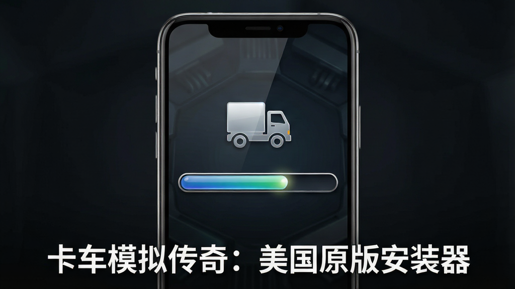 画面主体为一个手机屏幕特写,屏幕上显示安装进度条与卡车图标,布局采用中心对称,手机竖立放置于深色背景中央,排版上在屏幕下方用白色字体标注“卡车模拟传奇:美国原版安装器”,风格为科技感UI展示图,细节包括进度条的光泽、手机边框的金属质感,画质为高清,干净,无多余元素