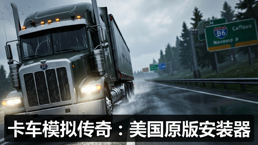 画面主体为一辆卡车在暴雨中的美国州际公路上行驶,车灯照亮雨幕,布局采用对角线构图,卡车位于画面左侧,右侧为模糊的树木与路牌,排版上在画面底部用半透明黑色色块衬托白色文字“卡车模拟传奇:美国原版安装器”,风格为电影级游戏截图,细节包括雨滴打在挡风玻璃上的痕迹、轮胎溅起的水花,画质为超清,干净,无多余元素