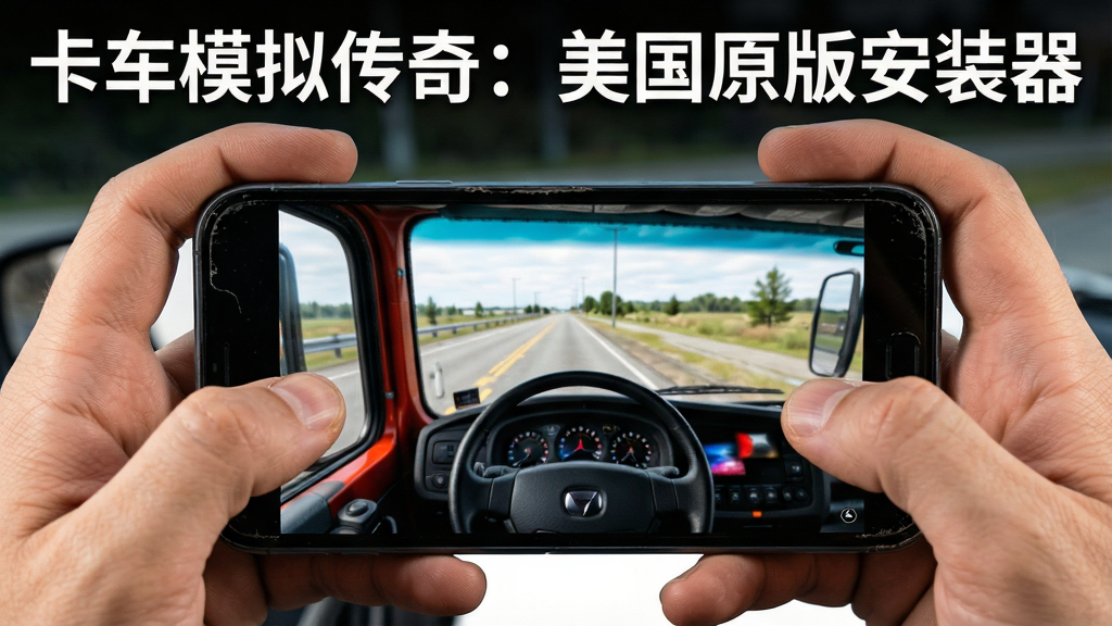 画面主体为一双手持智能手机横向握持,屏幕上显示卡车驾驶画面,布局采用第一人称视角,手机位于画面正中央,排版上在画面顶部用白色字体标注“卡车模拟传奇:美国原版安装器”,风格为生活化产品展示图,细节包括手指与屏幕的接触点、手机边缘的磨损痕迹,画质为高清,干净,无多余元素