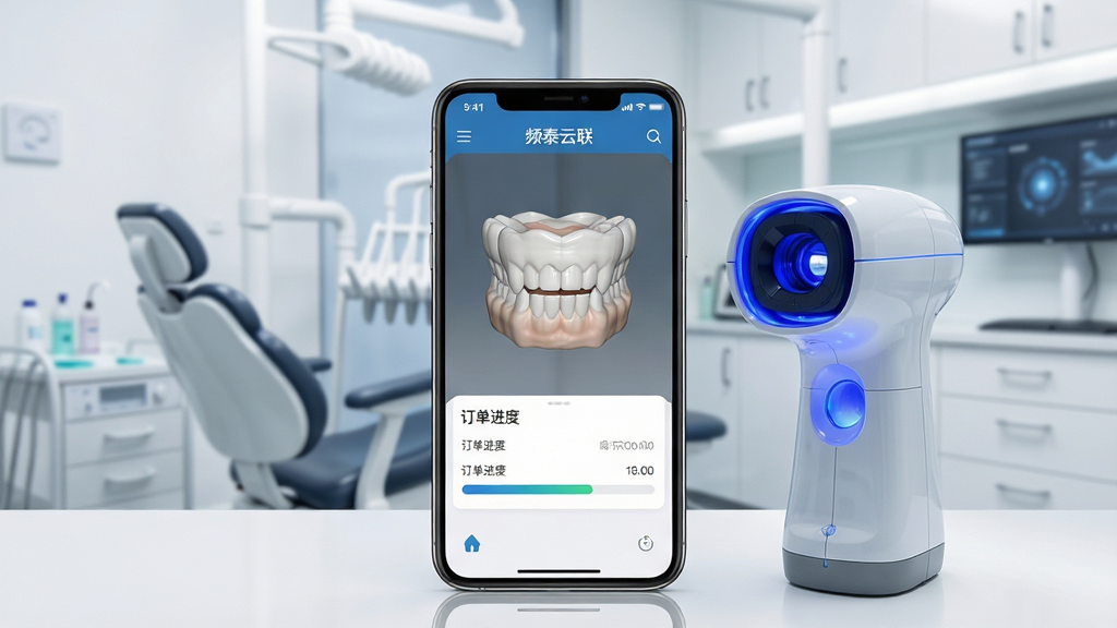 一张展示口腔数字化诊疗场景的图片,画面中央是一部智能手机,屏幕上显示着“频泰云联”APP的界面,界面中有牙齿三维模型和订单进度条。手机旁边放置着一台口内扫描仪,背景是现代化的口腔诊所环境。布局采用中心构图,排版简洁明了。风格为科技商务风,细节包括扫描仪发出的微弱蓝光和手机屏幕的高清显示。画质清晰,干净,无多余元素。