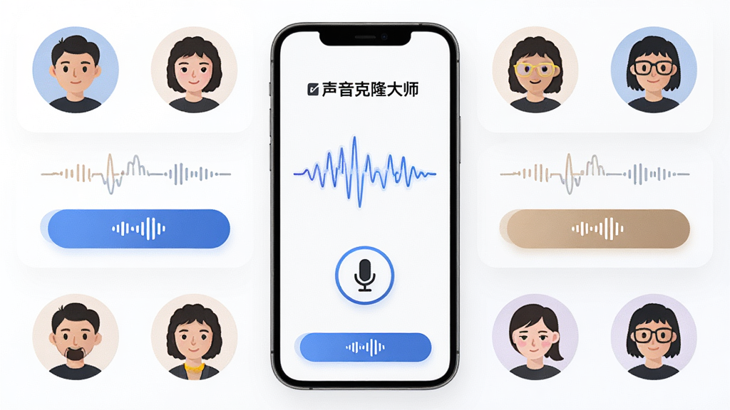 画面中央是「声音克隆大师」手机应用界面,展示波形与麦克风图标,周围环绕多种音色头像和文本转语音按钮,布局简洁分层,现代扁平化风格,细节清晰,高画质,干净,无多余元素