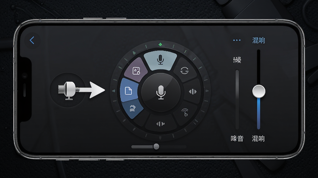 手机屏幕显示实时变声界面,麦克风输入箭头指向音色选择转盘,旁边有降噪与混响滑块,背景为深色科技纹理,主体明确,排版规整,写实UI风格,细节清晰,高画质,干净,无多余元素