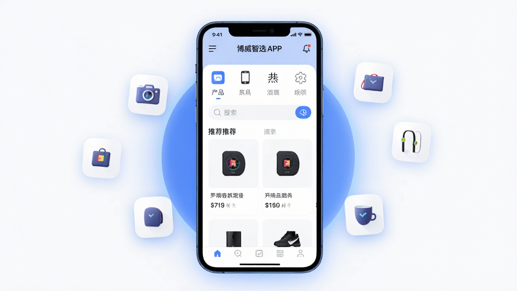一张展示博威智选APP的移动端界面预览图,主体为一部竖屏手机,屏幕中显示应用首页,包含产品分类导航栏、搜索框和推荐商品卡片,布局简洁清晰,排版采用上下结构,风格为现代商务科技感,细节上手机周围有淡淡的蓝色光晕和悬浮的产品图标,画质高清,画面干净,无多余元素