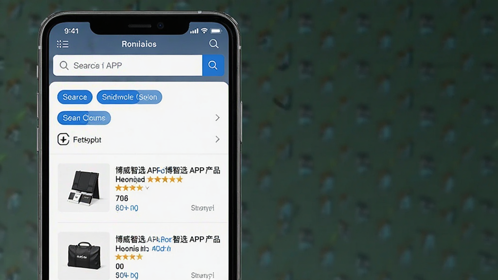 一张展示博威智选APP产品检索功能的界面截图,主体为手机屏幕,屏幕中显示搜索框和筛选条件面板,下方列出多条产品列表,布局为上下结构,排版整齐,风格为简约商务风,细节上筛选标签使用蓝色高亮,产品缩略图清晰可见,画质高清,画面干净,无多余元素
