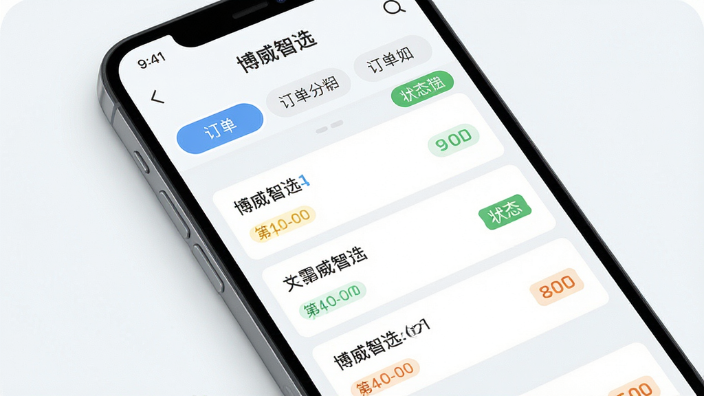 一张展示博威智选APP订单管理页面的手机界面图,主体为手机屏幕,屏幕中显示订单列表和状态标签,布局为上下结构,排版清晰,风格为清爽浅色系,细节上不同状态的订单使用不同颜色标识,顶部有订单分类切换栏,画质高清,画面干净,无多余元素