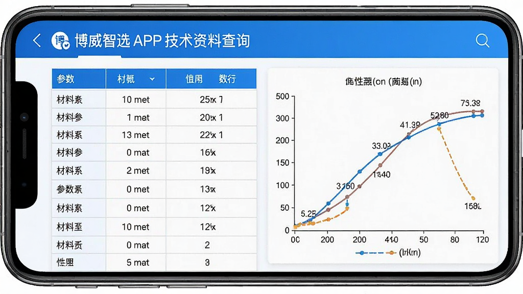 一张展示博威智选APP技术资料查询界面的手机截图,主体为手机屏幕,屏幕中显示材料参数表格和性能曲线图,布局为上下结构,排版规整,风格为科技蓝白配色,细节上表格线条清晰,曲线图标注明确,画质高清,画面干净,无多余元素