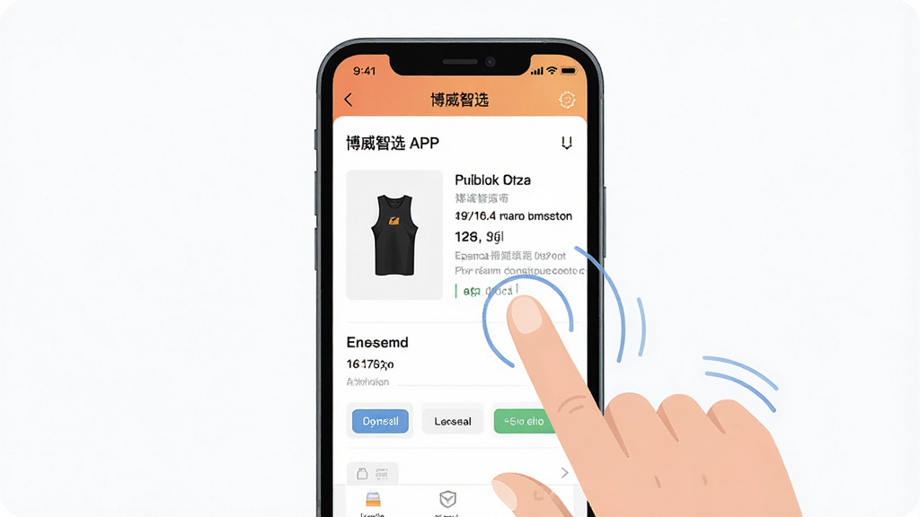 一张展示博威智选APP移动端操作手势的示意图,主体为一部手机和一只手指正在滑动屏幕,屏幕中显示产品详情页,布局为居中构图,排版简洁,风格为扁平化插画风,细节上手指周围有轻微的动效线条,页面元素清晰,画质高清,画面干净,无多余元素