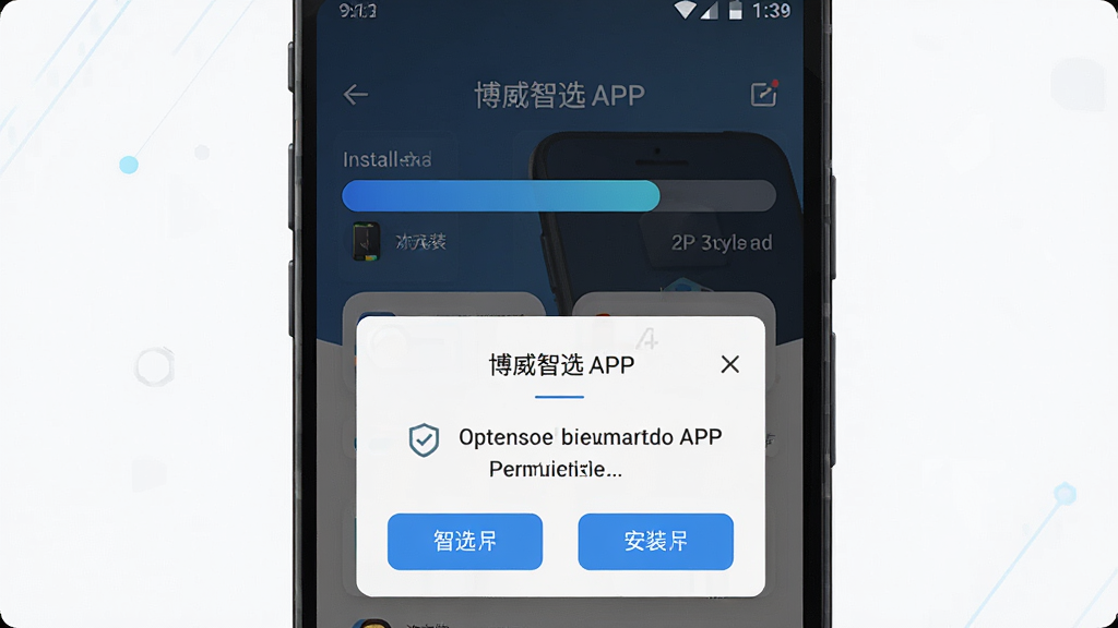 一张展示博威智选APP在安卓手机上安装过程的示意图,主体为手机屏幕显示安装进度条和权限提示弹窗,布局为居中构图,排版简洁,风格为扁平化科技风,细节上进度条为蓝色渐变,弹窗按钮清晰,画质高清,画面干净,无多余元素