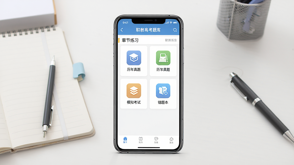 职教高考题库软件主界面全貌展示,画面中央是一台智能手机,屏幕上显示职教高考题库APP首页,包含章节练习、历年真题、模拟考试、错题本等功能入口图标,背景为干净的书桌场景,摆放着笔记本和文具,整体风格清新简约,排版居中对称,细节清晰,画质干净,无多余元素