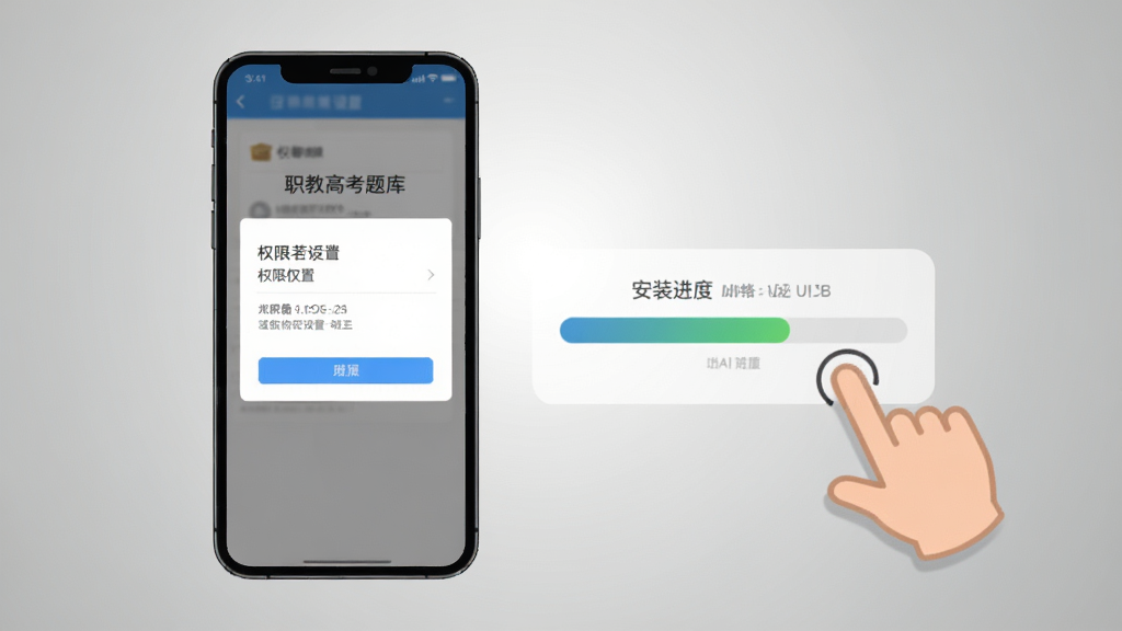 职教高考题库新手安装设置操作指引图,画面展示手机屏幕上的权限设置页面和安装进度条,旁边有手指点击的动画示意,背景为简洁的灰色渐变,风格扁平化,排版清晰,细节明确,画质干净,无多余元素