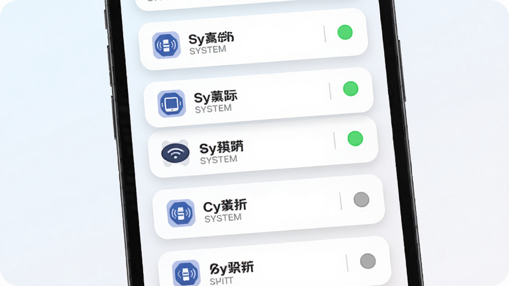 ����չʾ�ƶ��ƿ�APP���豸�����б����棬��Ļ�������Ŷ����豸��Ƭ��ÿ�ſ�Ƭ��ʾ�豸���ơ�ϵͳͼ�������״ָ̬ʾ�ƣ���Ƭ����Բ����ƣ�����Ϊǳɫ���䣬����Ϊ��������б���ʽ��������ִ���ϸ���Ͽ�Ƭ����΢��Ӱ��״̬������ɫ�ͻ�ɫ���֣������������ɾ����޶���Ԫ��