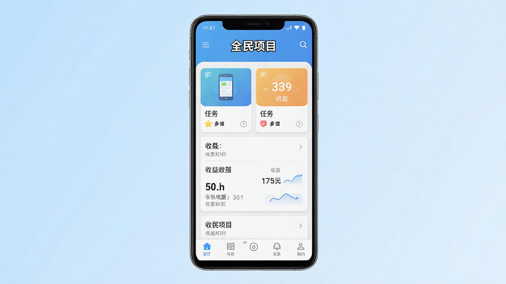һ���ֻ�Ӧ�ý���չʾͼ������������һ��������׿�ֻ����ֻ���Ļ����ʾȫ����ĿAPP����ҳ���棬������ȫ����Ŀ���ֱ�ʶ���м�����������Ƭ������������壬�ײ��е�����������Ϊǳ��ɫ���䣬���������¼�Լ���Ű����࣬���ʸ��壬�ɾ��޶���Ԫ��