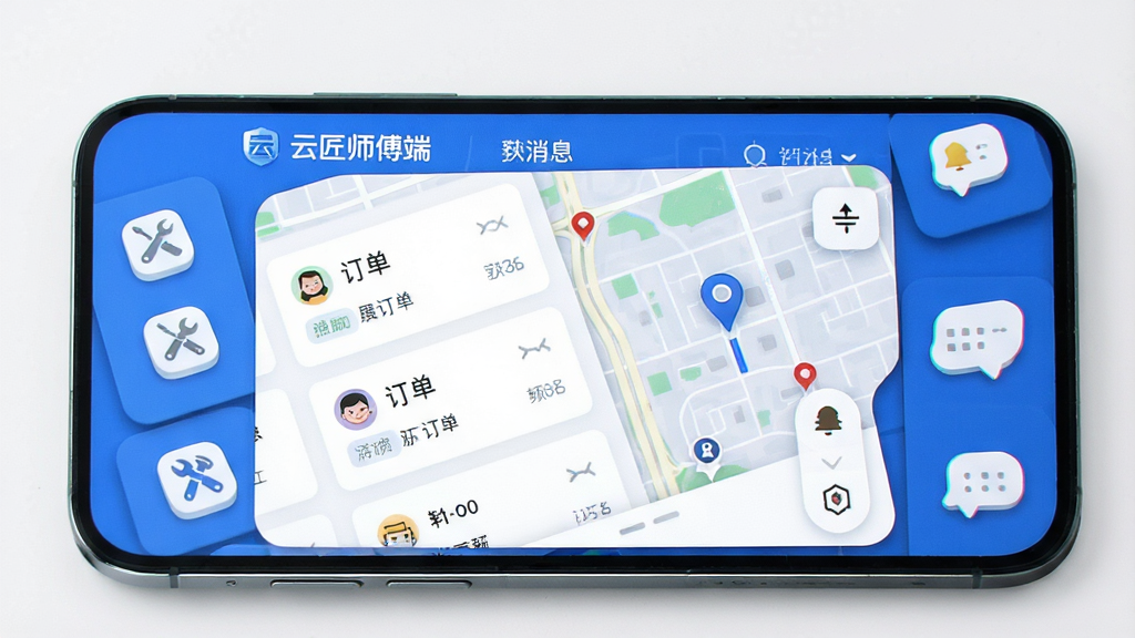 手机屏幕展示“云匠师傅端”应用界面,画面中央为订单列表与地图导航模块,四周分布工具图标与消息提醒,整体布局简洁清晰,采用蓝白配色风格,细节包括按钮圆角与状态标签,画质高清,干净,无多余元素