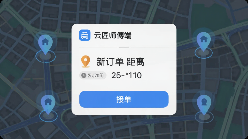 手机界面弹出“云匠师傅端”新订单通知卡片,背景为城市地图与定位光点,卡片上显示安装类型与距离,排版居中突出,风格为扁平化科技感,细节包含时间标签与接单按钮,画质高清,干净,无多余元素