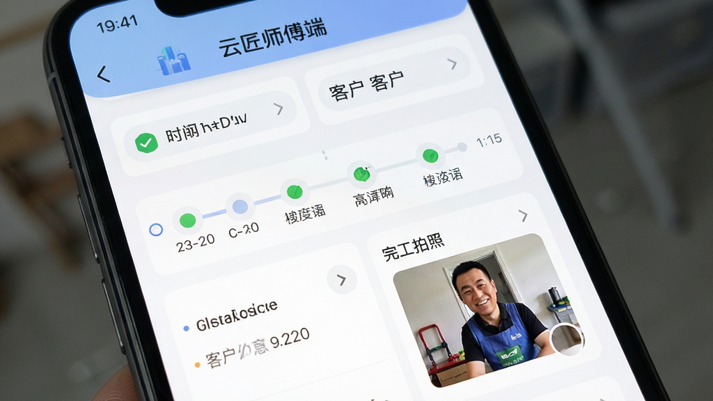手机屏幕展示“云匠师傅端”工单详情页,画面包含时间轴步骤条与完工拍照区域,布局上下结构,风格为卡片式浅色界面,细节有状态图标与客户信息栏,画质高清,干净,无多余元素