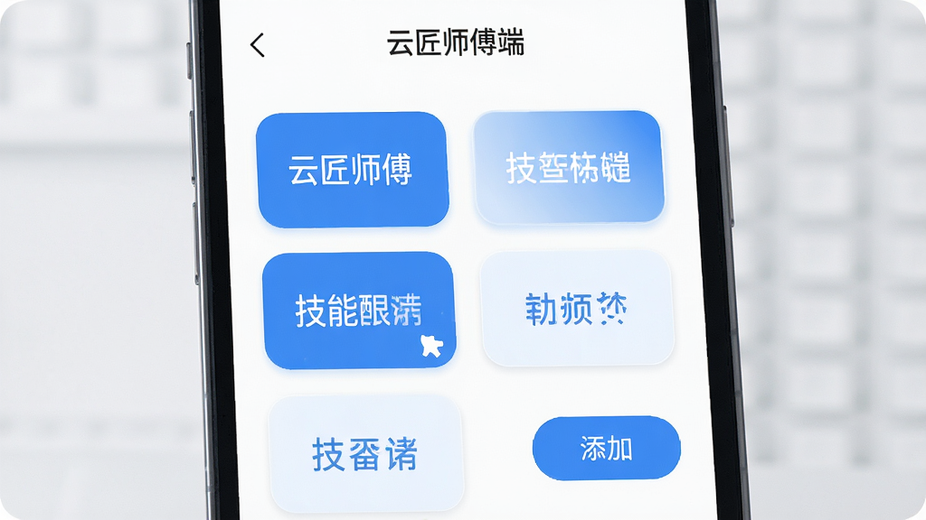 手机界面展示“云匠师傅端”技能标签设置页,画面中多个技能标签以圆角方块排列,布局为网格状,风格为清新蓝白配色,细节包含选中状态与添加按钮,画质高清,干净,无多余元素
