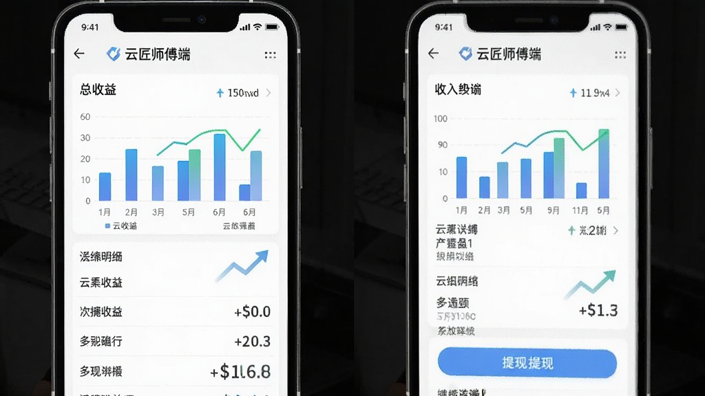 手机屏幕展示“云匠师傅端”收入统计图表,画面包含柱状图与金额数字,布局上方为总收益下方为明细列表,风格为简约商务,细节有趋势箭头与提现按钮,画质高清,干净,无多余元素