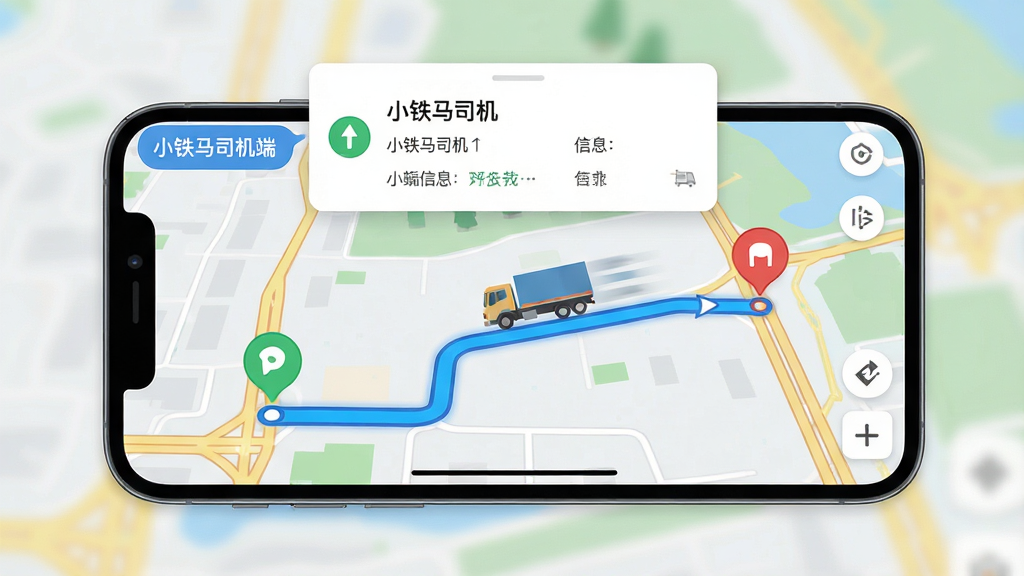 ���������ǡ�С����˾���ˡ��ĵ������棬�ֻ�������ʾ�ڵ�ͼ���룬��ͼ����һ����������ɫ�滮·�ߣ������յ�ֱ�����ɫ�ͺ�ɫͼ���ע��·���Ա��л�����ʻ�Ķ���Ч�������ֲ���ȫ����ͼ�̵ף��Ϸ�����·����Ϣ��Ƭ�����Ϊ�ִ���ƽ��UI��ơ�ϸ����·��������·����ɫ���������ʸ��壬����ɾ����ࡣ