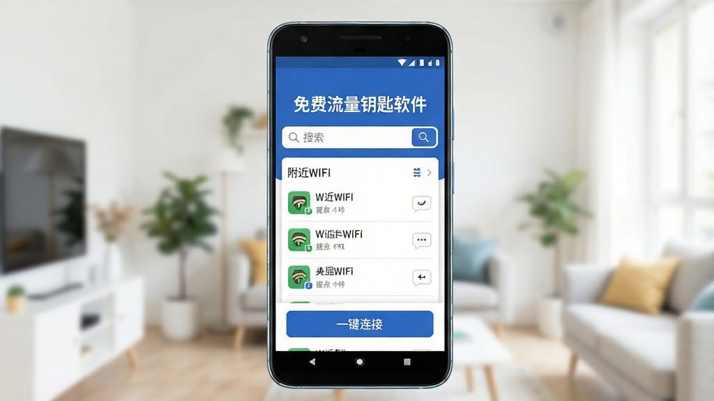 一张手机屏幕展示免费流量钥匙软件主界面的场景图,画面中央是一部竖屏安卓手机,手机屏幕上清晰显示软件首页,标题为“免费流量钥匙软件”,界面包含搜索框、附近WiFi列表和醒目的“一键连接”按钮,背景为明亮的室内环境,布局居中对称,风格简洁现代,细节上手机边缘有轻微反光,背景虚化处理,画质清晰干净,无多余元素,照片级写实风格。