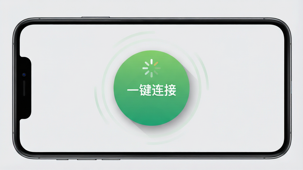 一张免费流量钥匙软件一键连接功能的操作界面图,画面中一部手机横屏放置,屏幕中央有一个巨大的圆形“一键连接”按钮,按钮周围有旋转的加载动画效果,布局简洁明了,风格扁平化设计,细节上按钮带有绿色渐变和轻微阴影,背景为浅灰色,画质清晰干净,无多余元素,突出操作便捷性。
