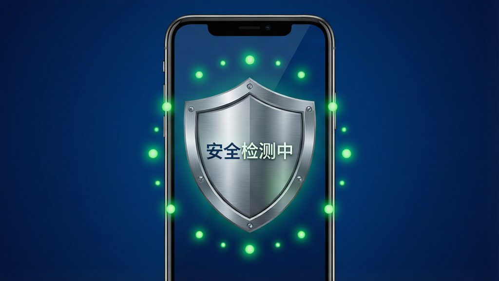 一张免费流量钥匙软件网络安全检测功能的示意图,画面中央是一部手机,手机屏幕显示一个盾牌图标和“安全检测中”字样,盾牌周围有绿色光点环绕,布局居中,风格安全防护主题,细节上盾牌有金属质感,背景为深蓝色渐变,画质高清干净,无多余元素,适合用作安全功能宣传图。