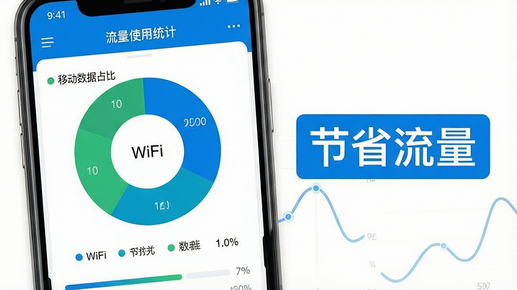 一张免费流量钥匙软件流量节省助手功能的展示图,画面中一部手机屏幕显示流量使用统计图表,饼图显示WiFi和移动数据占比,旁边有“节省流量”文字标签,布局清晰,风格数据可视化,细节上图表颜色为蓝绿搭配,背景为白色,画质干净整洁,无多余元素,适合用作功能介绍配图。