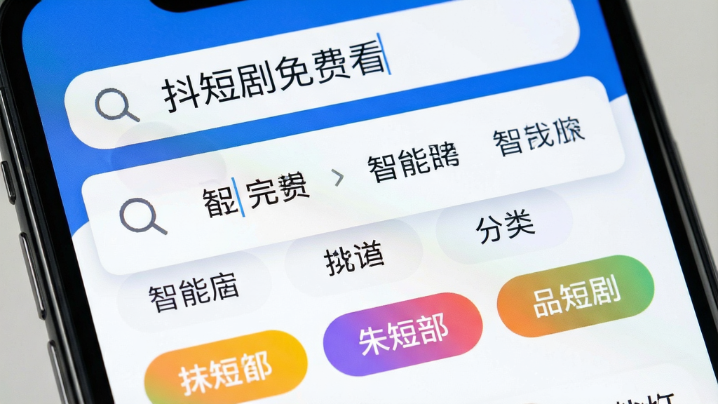 手机界面特写,顶部搜索框内显示“抖短剧免费看”文字,下方弹出智能联想词与分类标签,布局为上下结构,风格简洁明快,细节包括放大镜图标与彩色分类按钮,画质高清,干净无多余元素