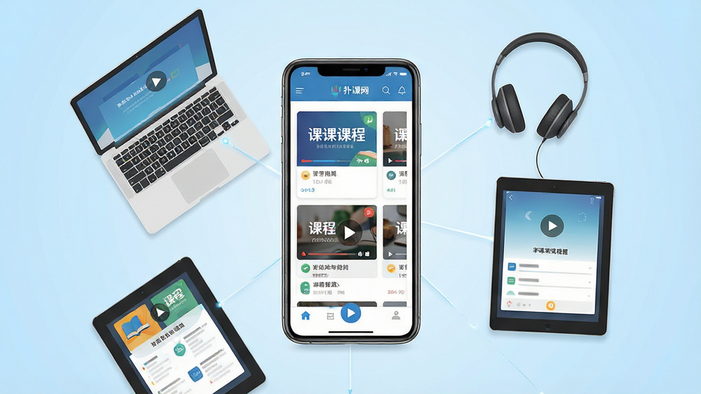 一张展示扑课网在线学习平台核心全貌的图片,画面中央是打开的手机应用界面,屏幕内呈现多门课程卡片与播放按钮,周围环绕笔记本电脑、平板、耳机等学习设备,背景为简洁的浅蓝色渐变,布局采用中心辐射式构图,风格为现代扁平化科技风,细节包含课程封面缩略图、学习进度条、播放图标等元素,画质清晰干净,无多余元素