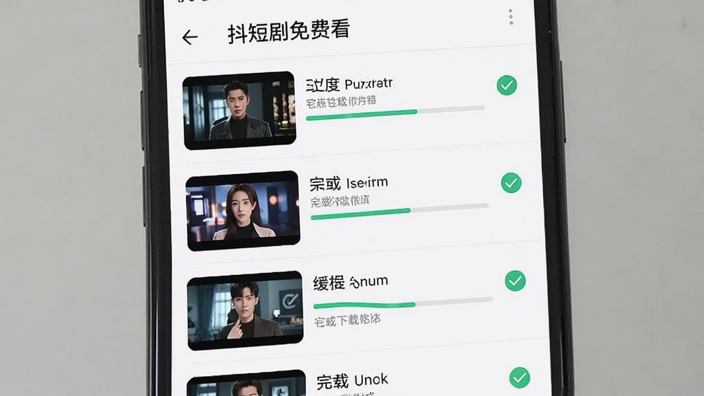 手机屏幕显示“抖短剧免费看”的下载管理页面,列表中有多个已缓存完成的剧集缩略图,布局为垂直列表,风格清新浅色,细节包括下载进度条与完成勾选图标,画质清晰,干净无多余元素