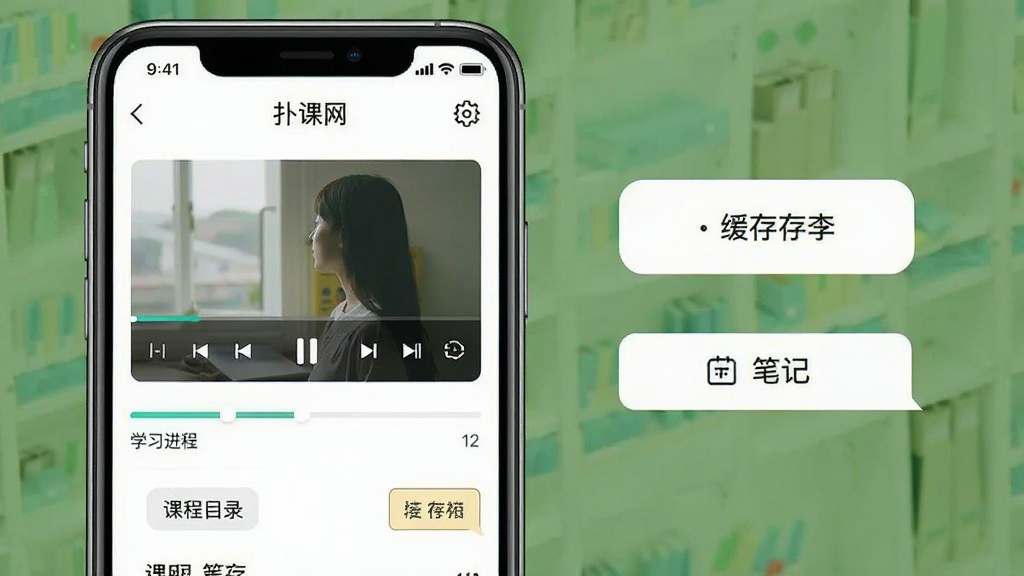 一张展示扑课网移动端学习界面的图片,画面主体为手机屏幕显示课程播放页面与学习进度条,旁边有缓存按钮和设置图标,布局采用竖版手机界面排版,风格为简洁清新的移动应用风,细节包含播放控制栏、课程目录、笔记按钮等元素,画质清晰干净,无多余元素